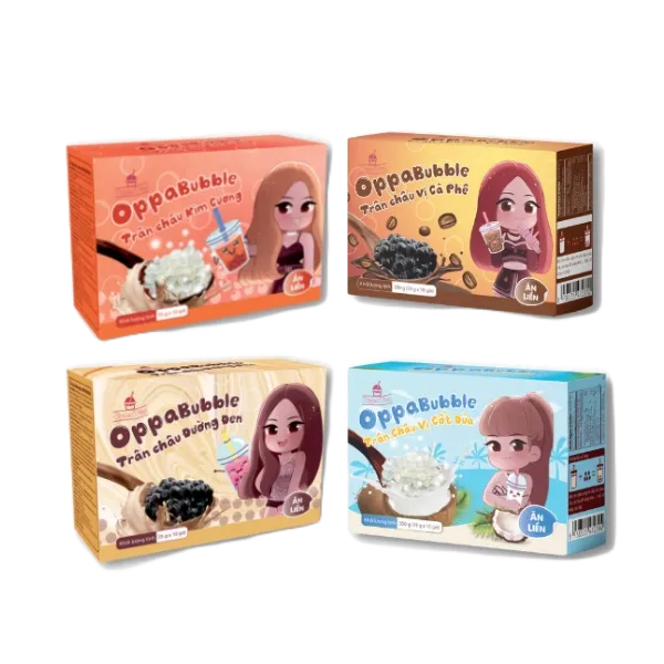 Trân Châu Oppa Bubble Ăn Liền Hộp 350g Topping Giòn Dai Nguyên Liệu Trà Sữa Pha Sẵn 4 Vị