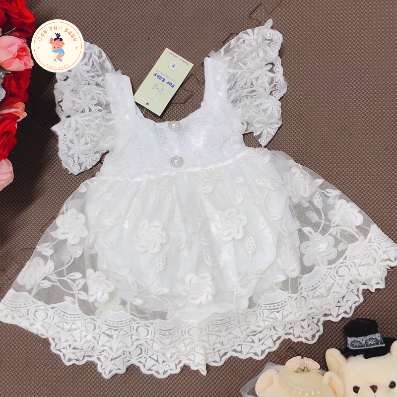 Váy Cho Bé Gái - Set Bodysuit Ren Cho Bé Cúc Trắng Thiên Thần Kèm Mũ Đội Xinh Xắn Cho Bé Từ 3-13kg
