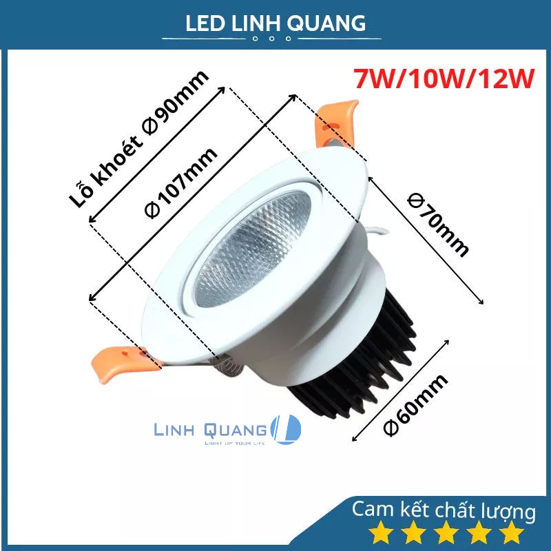 Đèn Led âm trần rọi lỗ khoét 90, âm trần spotlight COB 10w vỏ trắng