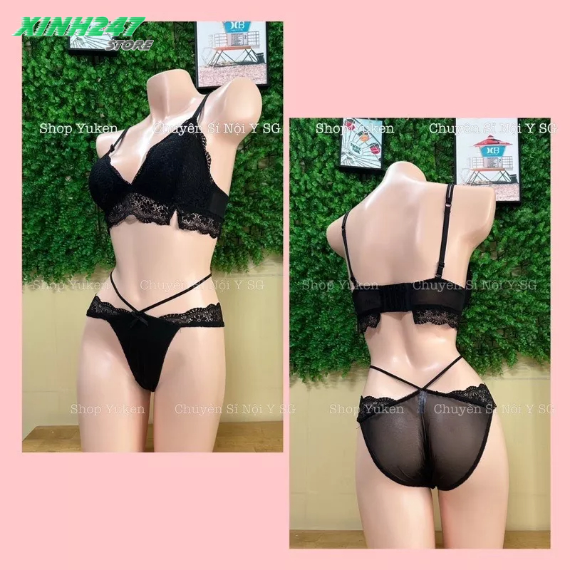 BỘ NỘI Y CAO CẤP QUẦN CHIP CHỮ T DÂY CHÉO ĐÍNH NƠ - ÁO LÓT KHÔNG GỌNG VIỀN REN HOA GỢI CẢM