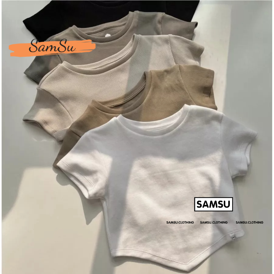 Áo Thun Nữ Dạng Croptop Tay Ngắn Cổ Tròn Vạt Chéo Chất Thun Co Dãn SAMSU