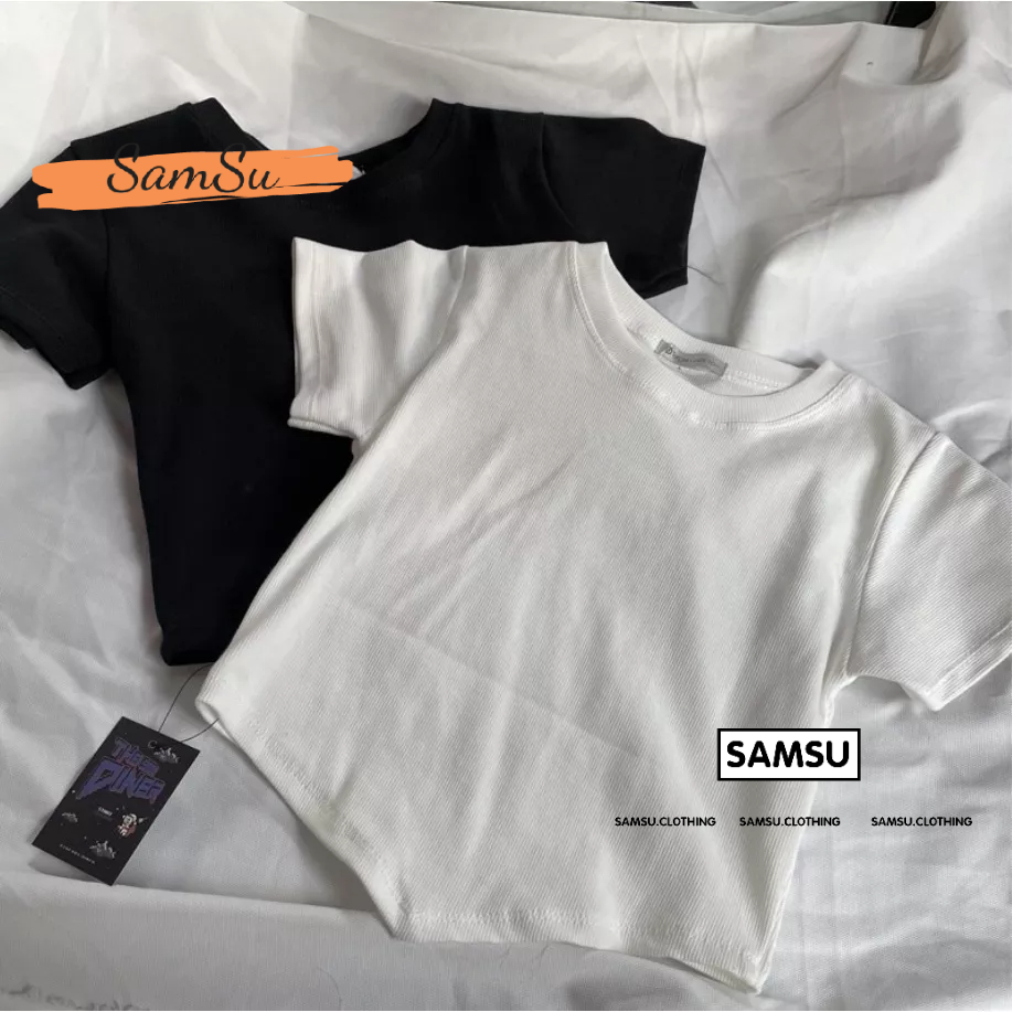 Áo Thun Nữ Dạng Croptop Tay Ngắn Cổ Tròn Vạt Chéo Chất Thun Co Dãn SAMSU