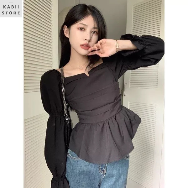 Áo kiểu nữ chiết eo may li phối tay bồng KABII, mặc được hai kiểu mix đồ cực xinh