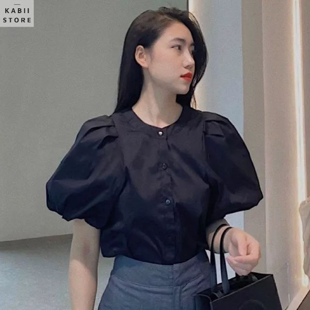 Áo sơ mi nữ GU cộc tay bồng hàng cao cấp, chất liệu thô mát 3 màu bắt mắt