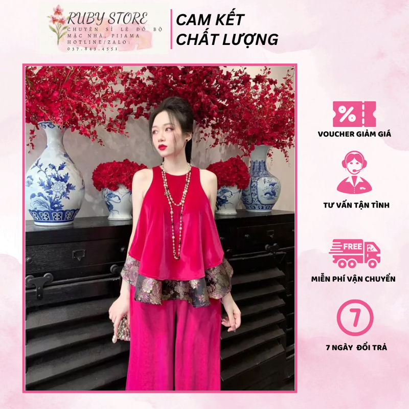Set Bộ Lụa Cổ Yếm Freesize 40-60kg Chất Lụa Mềm Mịn, Đồ Bộ Nữ Dễ Thương - Ruby Store