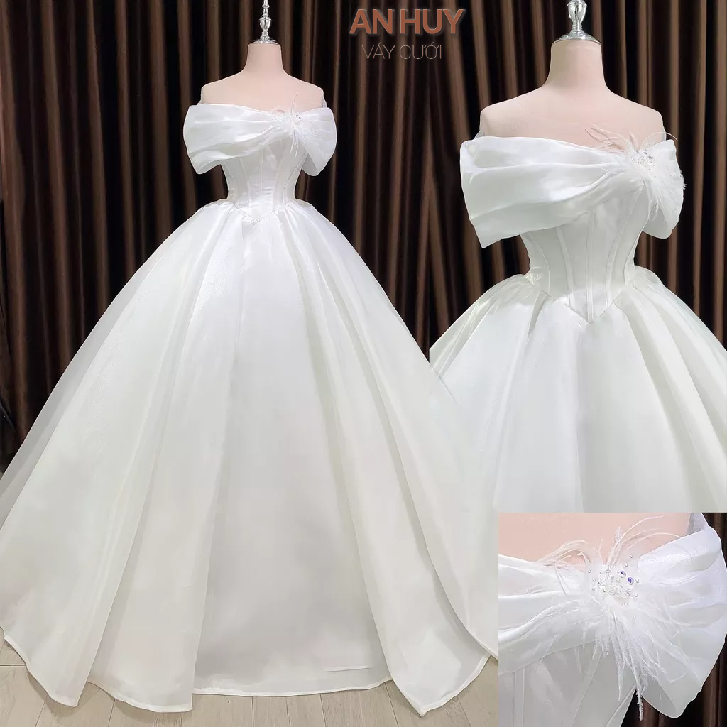 áo cưới che bắp tay nhẹ nhàng dạ hội với phần vai sếp li hoa kết thủ công bằng lông vũ 116