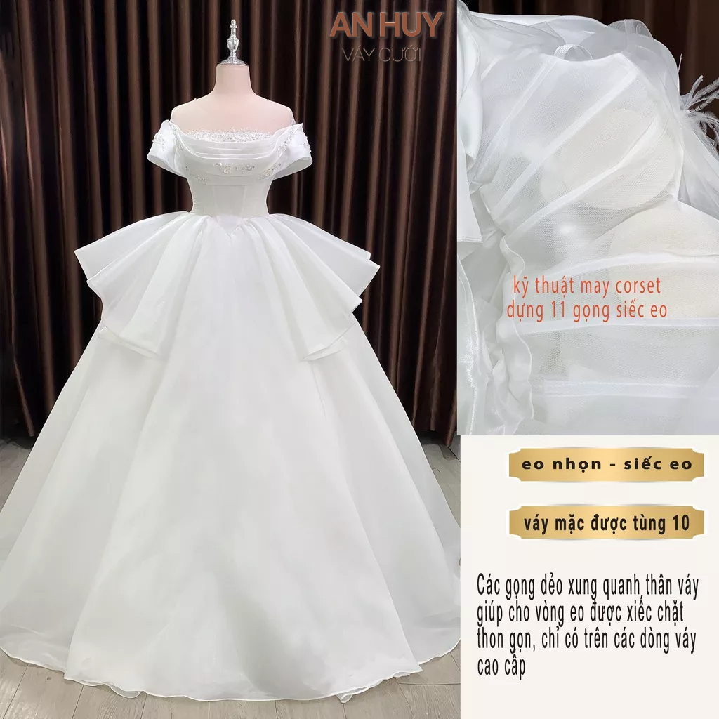 Váy cưới đính ren hoa 3d trễ vai tầng bèo giành cho cô dâu đi bàn đón khách 114