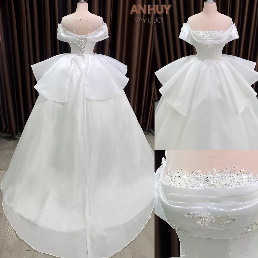 Váy cưới đính ren hoa 3d trễ vai tầng bèo giành cho cô dâu đi bàn đón khách 114