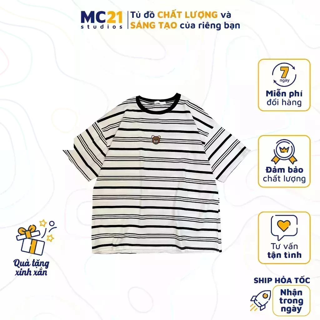 Áo thun kẻ tay lỡ MC21.STUDIOS tee Unisex nam nữ phông oversize form rộng pull Ulzzang Streetwear Hàn Quốc bigsize A3222