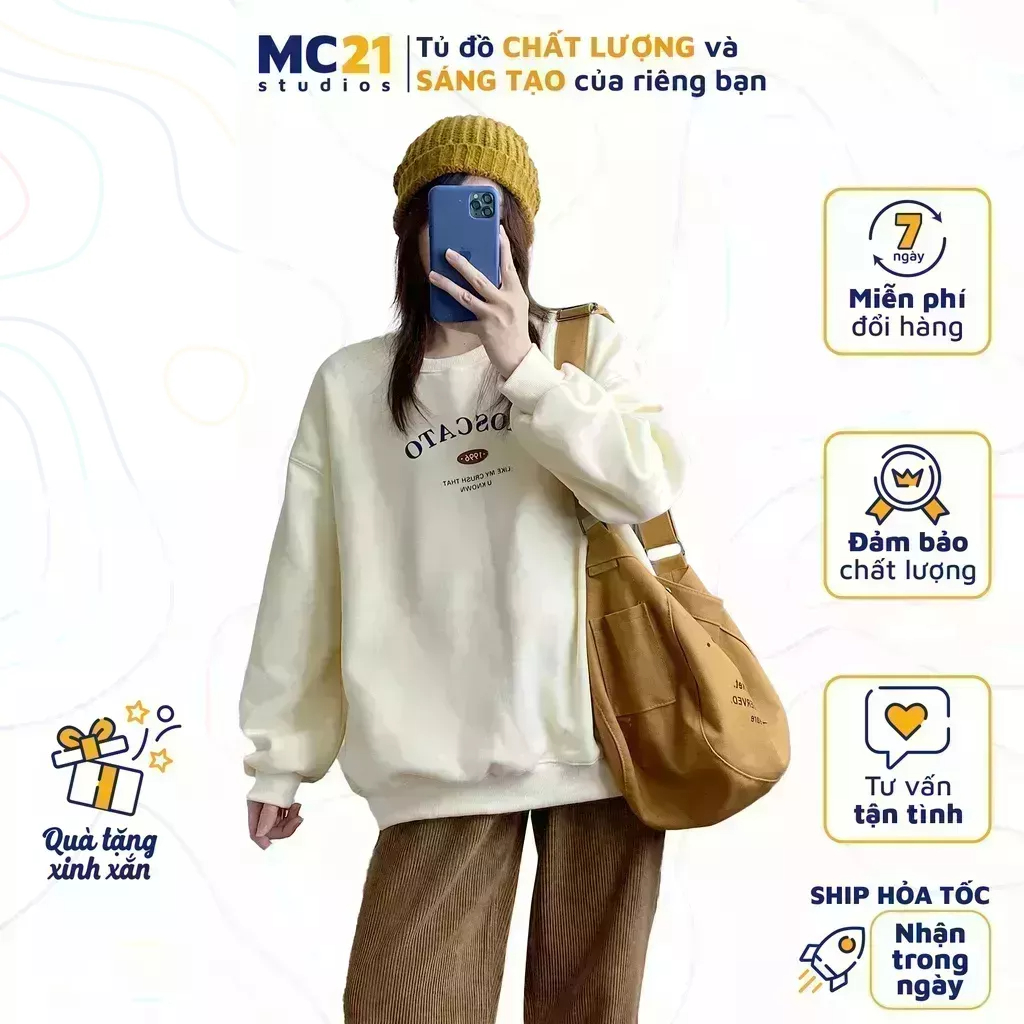 Áo sweater MC21.STUDIOS oversize Unisex nam nữ form rộng Ulzzang Streetwear Hàn Quốc chất nỉ lót bông cao cấp A3426