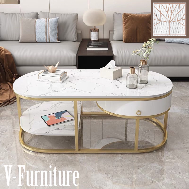 Bàn trà đơn Sofa phòng khách mặt đá bầu dục có ngăn tủ khung kim loại sơn tĩnh điện sang trọng, hiện đại