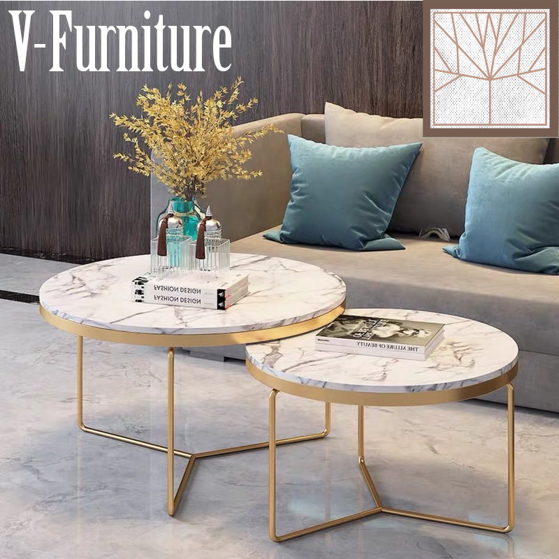 Bàn trà đôi Sofa phòng khách mặt đá tròn chân kim loại kiểu kiềng dạng thanh tròn sang trọng, hiện đại