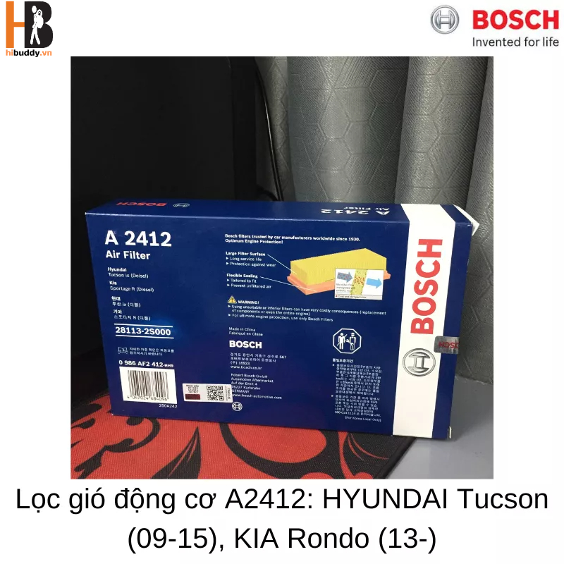 Lọc Gió Động cơ BOSCH A2412 Dành cho Xe Hyundai Tucson (09-15), KIA Sportage Rondo Diesel (13-). Xuất xứ China