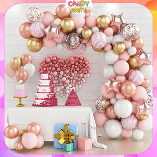 Set bóng bay trang trí sinh nhật tone màu hồng gold candy09