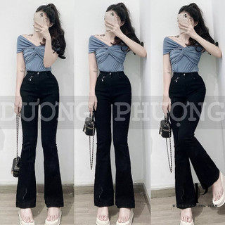 Quần jean đen nữ lưng cao chất liệu co giãn, quần jean đen ống loe lai cuốn - QU027