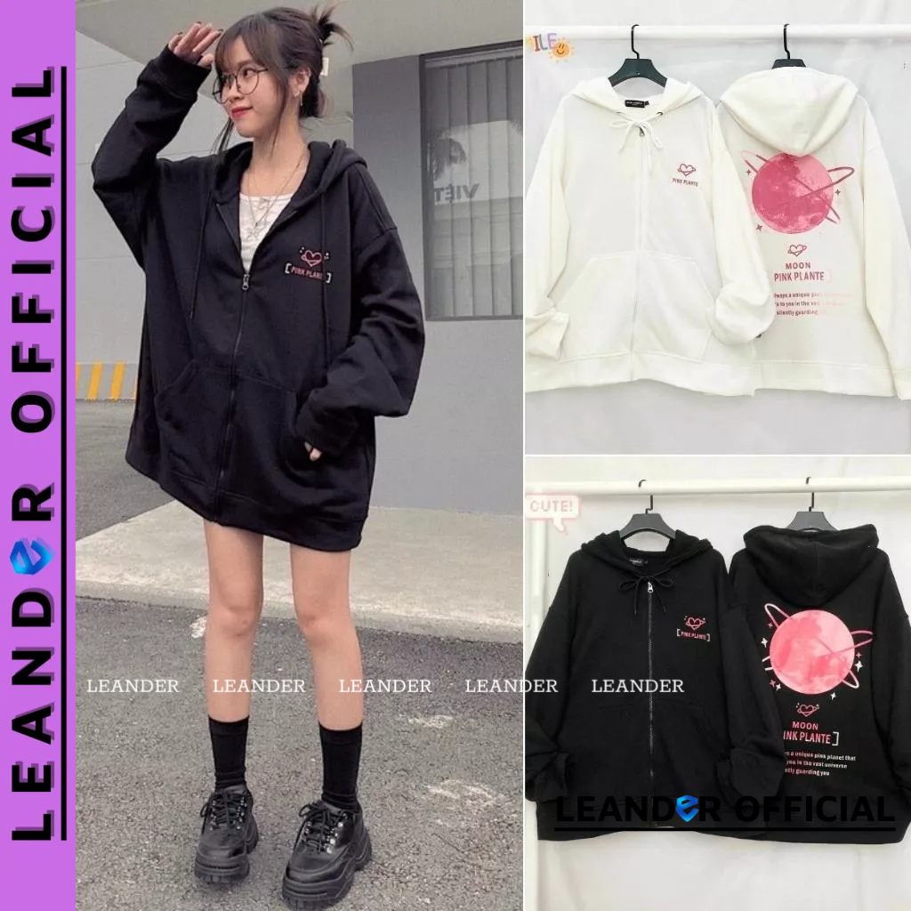 Áo Khoác Nỉ Hình In MOON PINK PLANTE Nam Nữ Ulzzang Unisex Tay Rộng, Áo Khoác Dây Kéo Form Rộng LEANDER