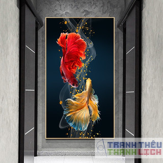 Tranh đính đá - tranh thêu chữ thập vũ điệu song ngư 2 cá 3d lv3552lv594 |90x50cm| chưa thêu