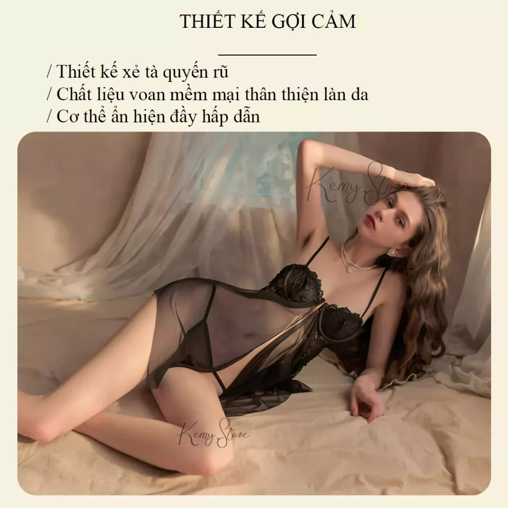 Váy ngủ sexy gợi cảm có gọng, đầm ngủ sexy voan phối ren xuyên thấu quyến rũ KV003, Size 40-57kg