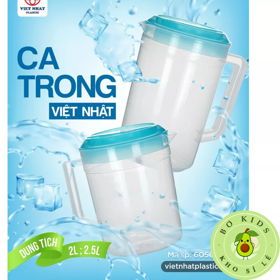 Ca Đựng Nước Có Nắp Nhựa Việt Nhật (MS: 6050) (MS: 6051) 2L và 2.5L, bình trong suốt có chia vạch,đựng nước,rót bia