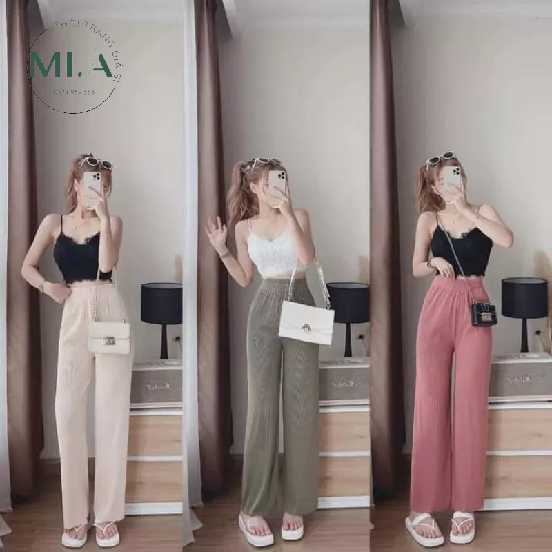 quần ống rộng vải tăm co dãn cạp chun lưng cao fisize y hìnhMiA Store_VN