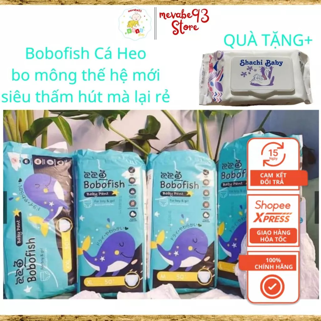 (tặng khăn ướt shachi) Bỉm Quần Bobofish Mẫu Mới Cao Cấp Size M/L/XL/XXL50 Miếng