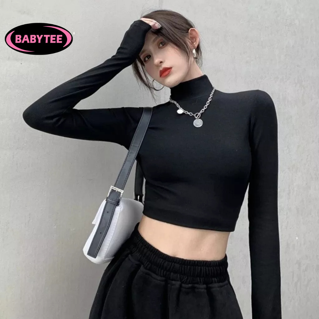 Áo Croptop Tay Dài Cổ Lọ Nữ Trơn Ôm Body Chất Tốt Babytee, Áo Crt Kiểu Nữ Ôm Thun Gân Mềm Mát