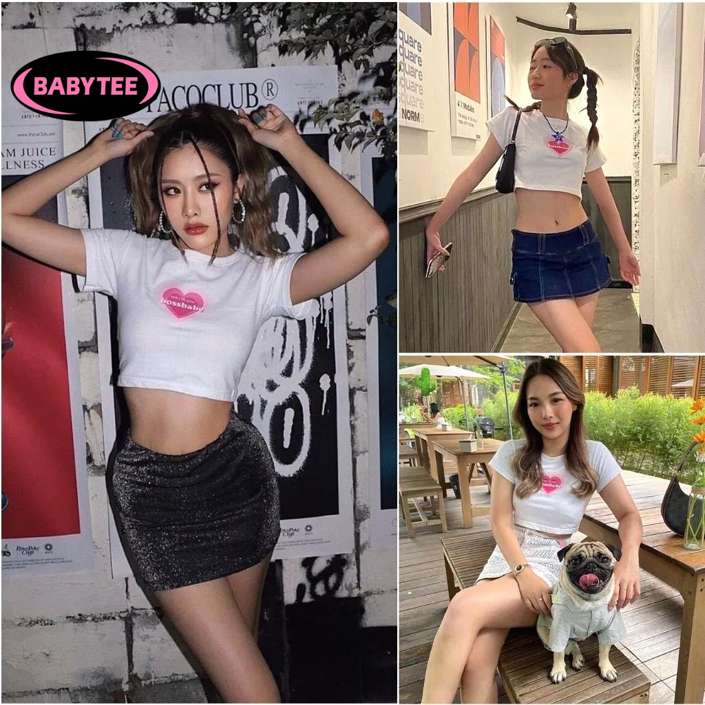 Áo Croptop ôm body nữ TIM BOSS BABE cổ tròn tay ngắn BABYTEE, Áo thun crt kiểu sexy in chất borip đẹp