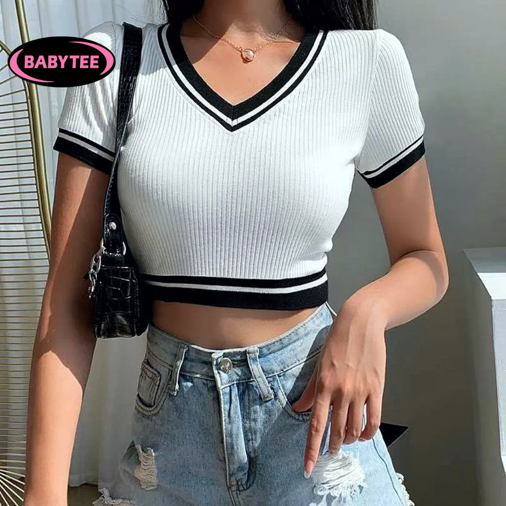 Áo Croptop ôm body nữ CỔ TIM PHỐI VIỀN tay ngắn BABYTEE, Áo thun crt kiểu sexy chất gân đẹp