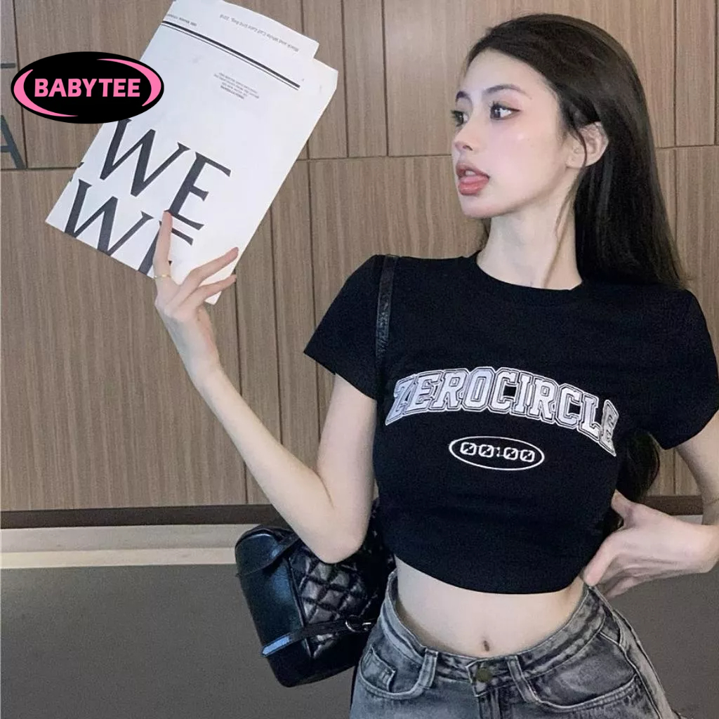 Áo Croptop ôm body nữ ZERO CIRCLE cổ tròn tay ngắn BABYTEE, Áo thun crt kiểu sexy in chất borip đẹp