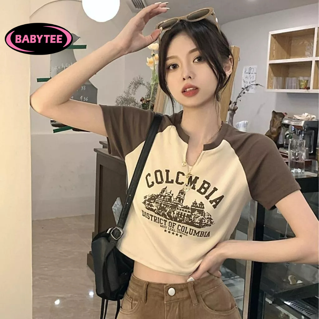 Áo Croptop ôm body nữ COLOMBIA cổ xẻ tay ngắn BABYTEE, Áo thun crt kiểu sexy in chất borip đẹp