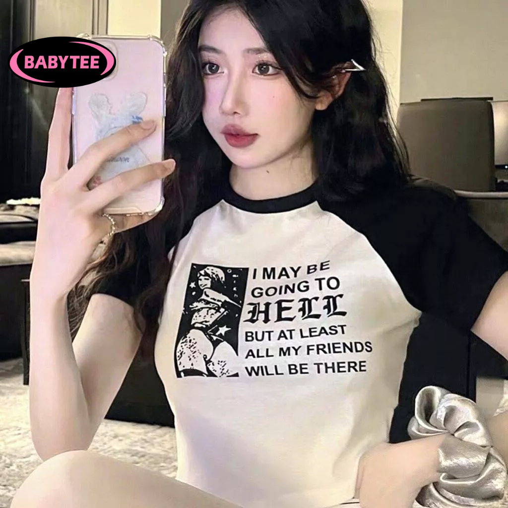 Áo Croptop ôm body nữ HELL cổ tròn tay ngắn BABYTEE, Áo thun crt kiểu sexy in chất borip đẹp