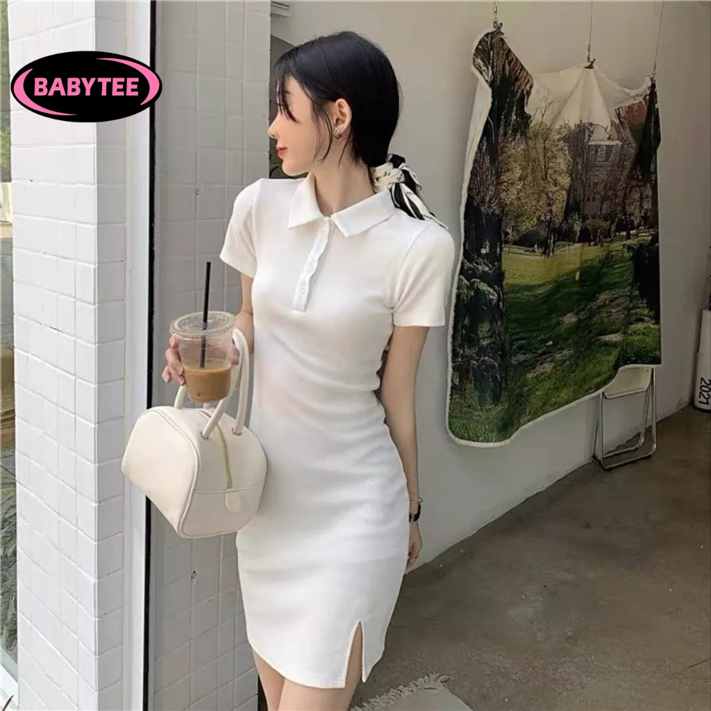 Đầm váy body CỔ POLO XẺ ĐÙI tay ngắn dáng ôm body BABYTEE, Đầm body kiểu sexy nữ chất gân đẹp