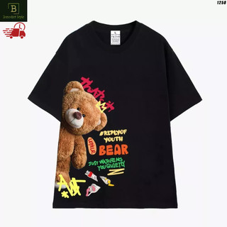 Cao cấp - Áo thun tay lỡ unisex nam nữ oversize in hình gấu Teddy ở hông dễ thương