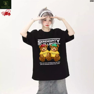 Cao cấp - Áo thun tay lỡ unisex nam nữ oversize in hình 2 chú gấu Teddy lollipop dễ thương