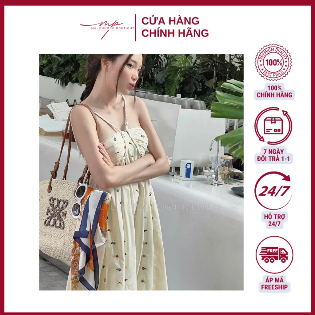 Váy hai dây cổ yếm tiểu thư, váy đi biển maxi bầu cũng mặc được cực xinh