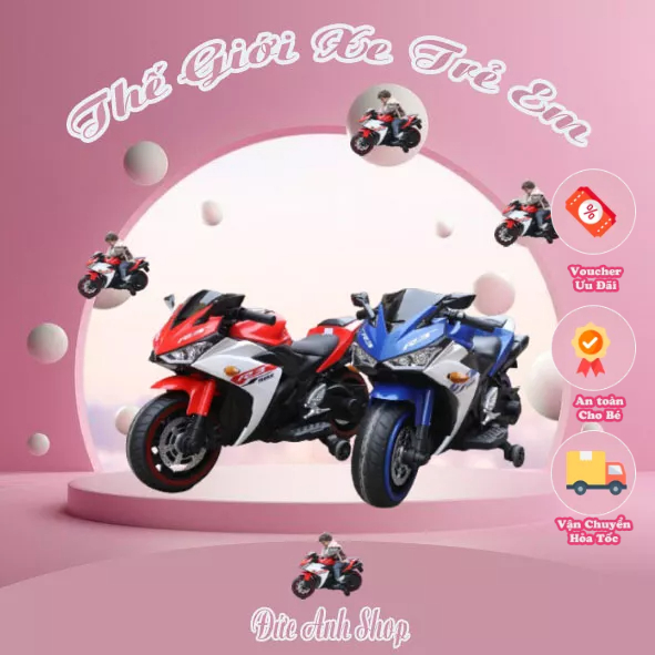 Xe máy điện trẻ em phân khối lớn R3, xe motor thể thao cho bé sử dụng chân ga tự lái