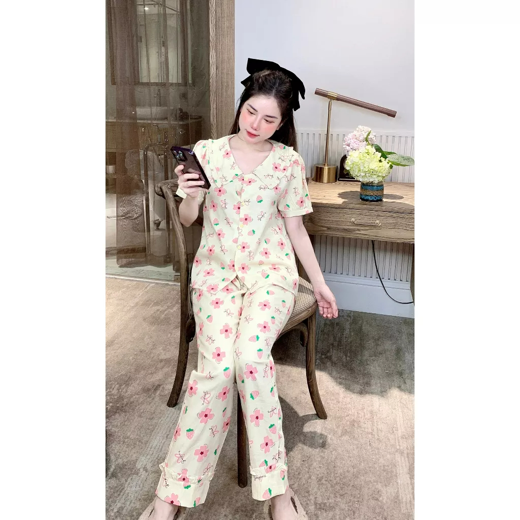 Bộ pijama, bộ đồ ngủ nữ, bộ đồ đũi nữ, bộ pijama cổ bèo chất liệu đũi tơ, set bộ hàng thiết kế cao cấp