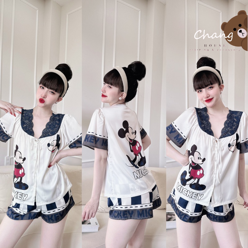 Bộ ngủ pijama đùi tay ngắn phối ren hoạ tiết lụa cao cấp from 40-60kg (kèm ảnh thật)
