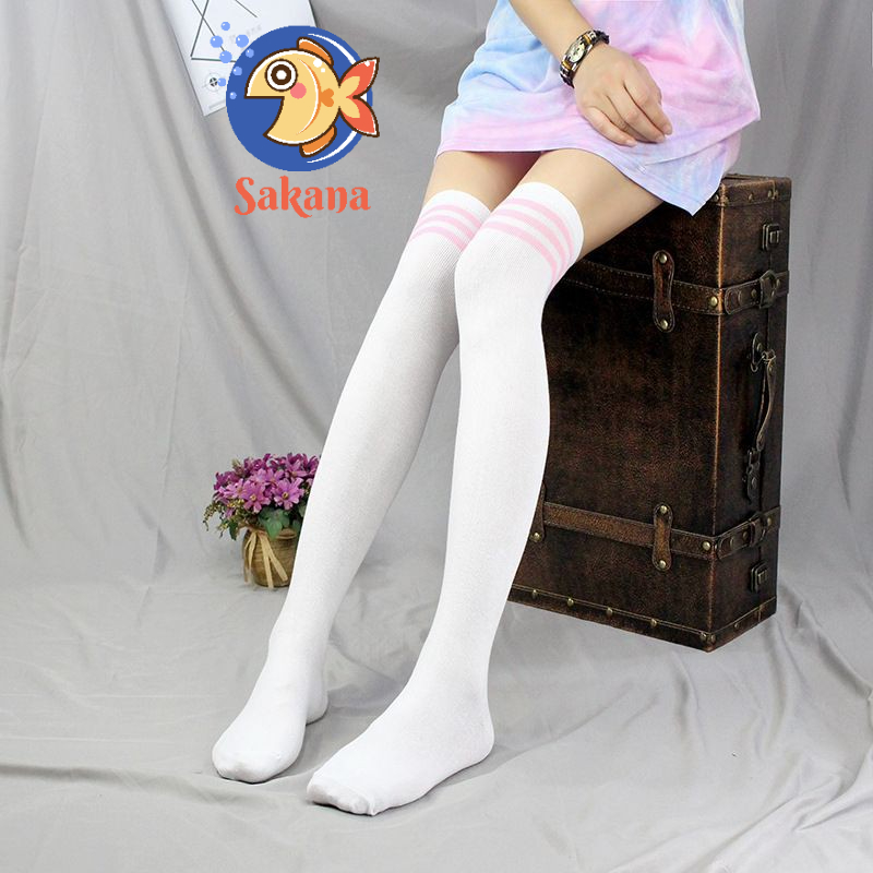 Tất đùi trắng 3 sọc hồng