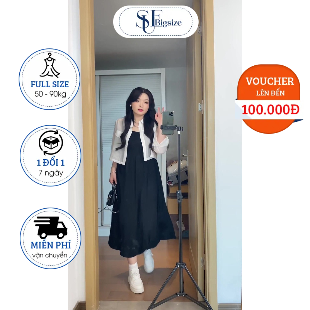 Set đầm 2 dây bigsize kèm áo khoác sơ mi dài tay, đi làm, đi chơi, đi dự tiệc - SUE Bigsize