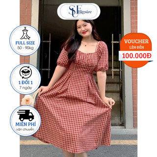 Đầm Kẻ Caro Đỏ Cổ Vuông Tay Ngắn 2 Lớp Vải Cotton Dưới 85kg - SUE Bigsize