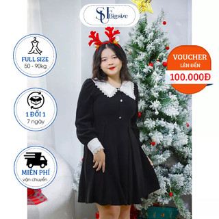 Đầm bigsize nữ dáng chữ A tay dài chất len tăm phối cổ bèo - SUE Bigsize