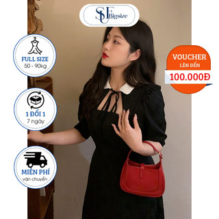 Đầm Bigsize Hepburn Phối Cổ Trắng Thắt Nơ Dây Vải Co Dãn Dưới 85kg - SUE Bigsize