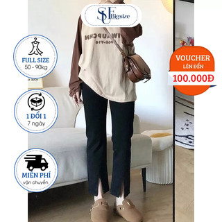 Quần jean bigsize cạp cao ống loe xẻ gấu - sue bigsize