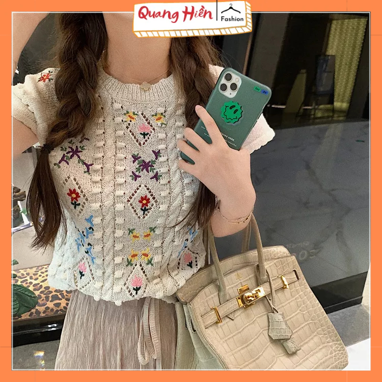 Áo kiểu nữ len mongtoghi thêu hoa croptop MS1127