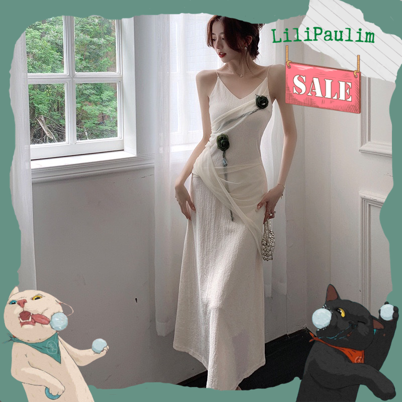 Váy maxi trắng 2 dây bông hoa xẻ tà dáng dài đầm dự tiệc nữ sang chảnh tôn dáng thời trang nữ(Lili-1)