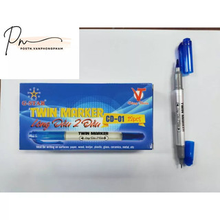 Hộp 12 cây bút lông dầu 2 đầu gstar cd-01 vâng thiên mực xanh, đỏ, đen.