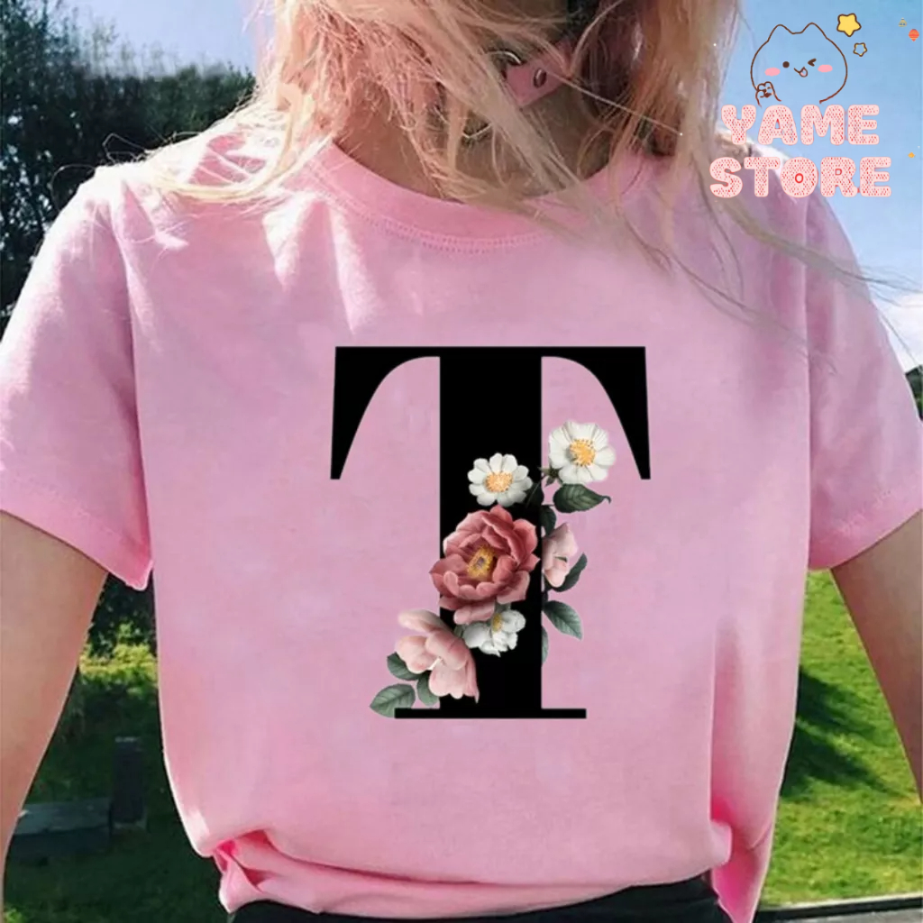 - Áo Thun Nữ Vải Cotton Màu Hồng, Áo In Hình Chữ Cái (T - Z) Tiếng Anh Thời Trang Mã EM6b