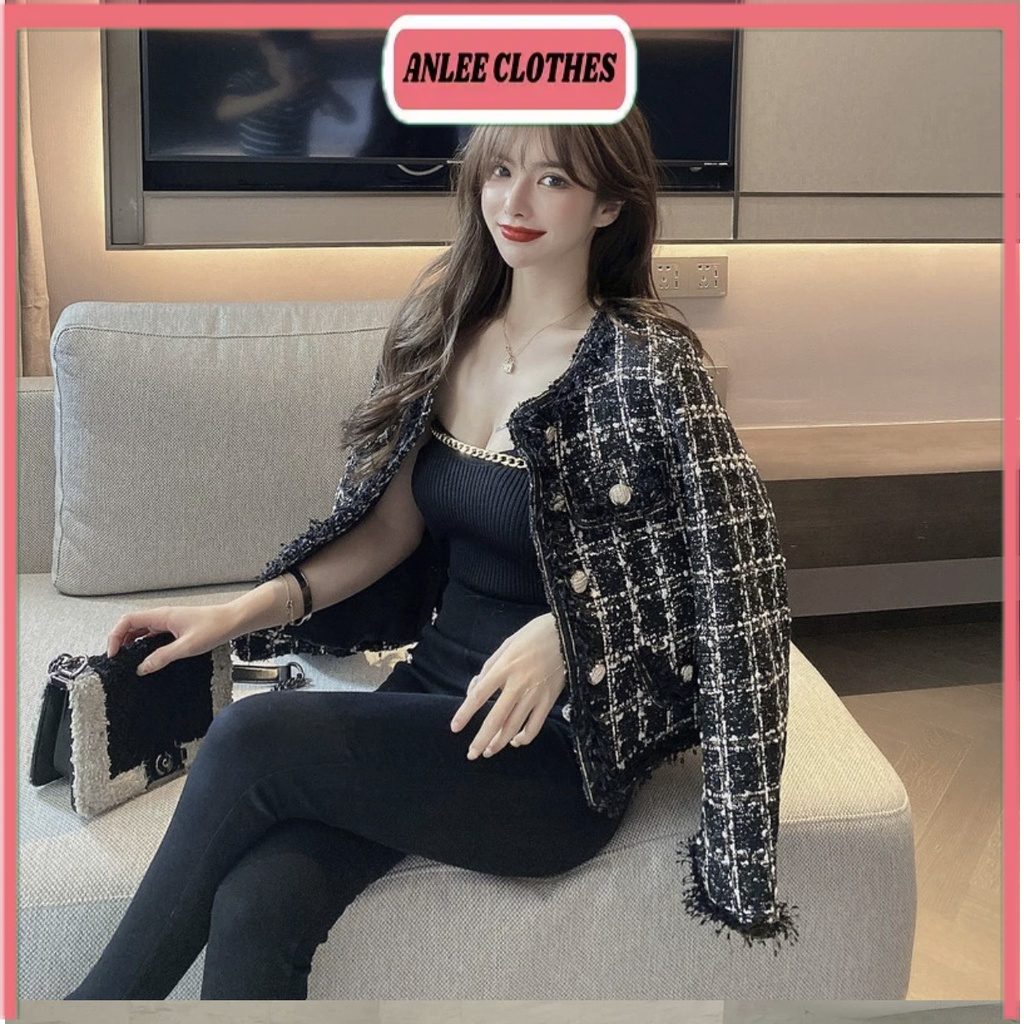 áo dạ caro viền nhũ siêu phẩm vải dạ tweed cao cấp viền dây kết nhũ sịn sò lót gió trong phối nắp túi cúc ngọc