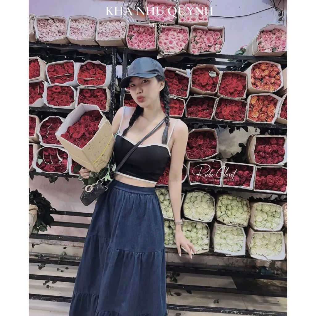 Áo 2 Dây Kiểu Nữ Chất Thun Đen Viền Trắng Hàn Quốc Kèm Chân Váy Jean Bò Chữ A Cực Xinh K.N.Q Fashion